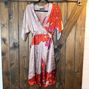 Anthropologie Antik Batik Kimono Style Floral 100% Silk Midi Dress